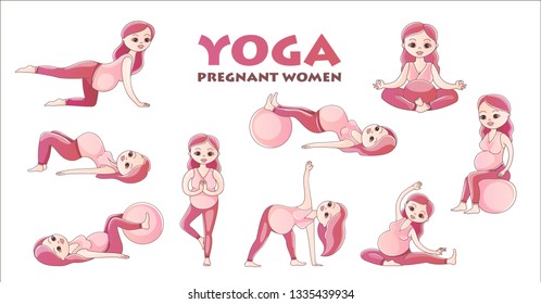 Set of Yoga poses for Pregnant women. Prenatal exercise. Vector illustration.