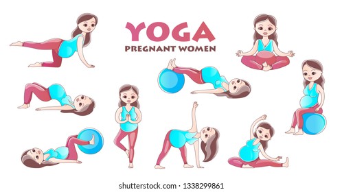 Set of Yoga poses for Pregnant women. Prenatal exercise. Vector illustration.