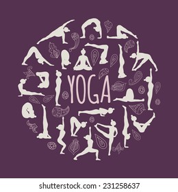 Set of yoga poses. Round form and paisley ornament. Purple background.