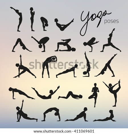 Set of yoga poses silhouettes on blurred background