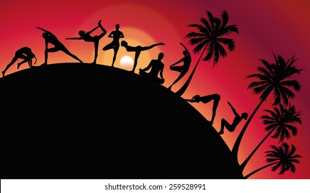 Set of  the yoga poses at sunset, vector illustration