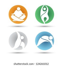 Set of yoga poses symbols in round shapes color of fire, water, air and nature
