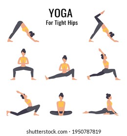 Set of yoga poses for tight hips isolated on the white background. Vector illustration