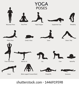 Set of yoga poses with titles. Set of yoga black silhouette postures isolated on white.