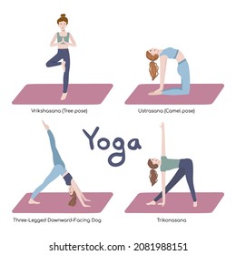 Set of yoga poses: trikonasana, three-legged downward-facing dog, Ustrasana or Camel pose, Vrikshasana. Young women characters practicing on yoga mat. Flat vector illustrations
