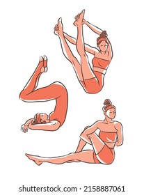 set with yoga poses, vector image of woman practicing.