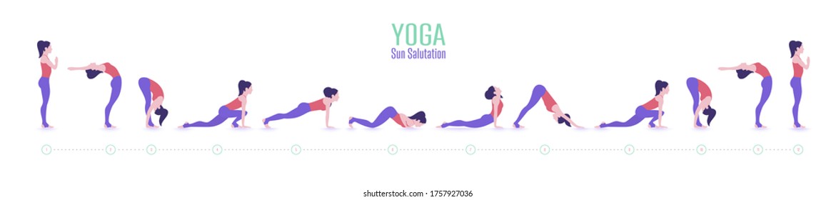 Set of yoga poses. Woman doing exercises of Sun Salutation.