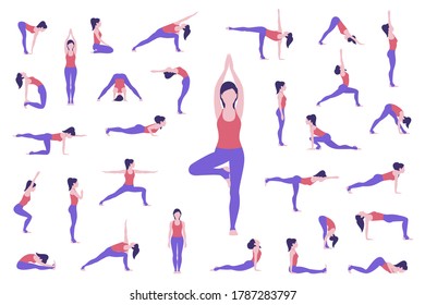 Set of yoga poses. Woman doing asanas. Vector.