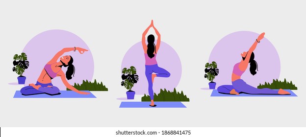 Set of Yoga poses. Woman doing the stretching exercises at home. Pose tree. Meditates, Pilates, Stretching. 
Healthy lifestyle. Physical practice. Vector flat illustration
