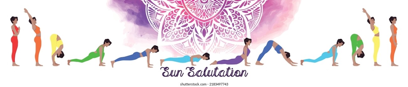 Set of yoga poses. Woman doing exercises of Sun Salutation. Surya Namaskar