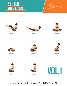 Conjunto de postes de yoga para hacer ejercicio en el concepto de posadas sentadas en un estilo de diseño plano. Mujer fuerte haciendo ejercicio para estirar el cuerpo. Postura de yoga o asana para infografía de fitness para principiantes. Ilustración vectorial