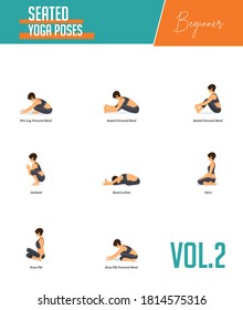 Set of yoga poses for workout in concept of seated poses in flat design style. Strong women exercising for body stretching. Yoga posture or asana for beginner fitness infographic. Vector Illustration