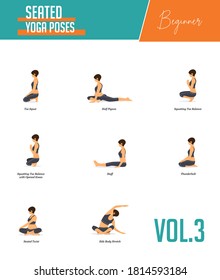 Set of yoga poses for workout in concept of seated poses in flat design style. Strong women exercising for body stretching. Yoga posture or asana for beginner fitness infographic. Vector Illustration