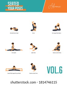 Set of yoga poses for workout in concept of seated poses in flat design style. Strong women exercising for body stretching. Yoga posture or asana for advance fitness infographic. Vector Illustration