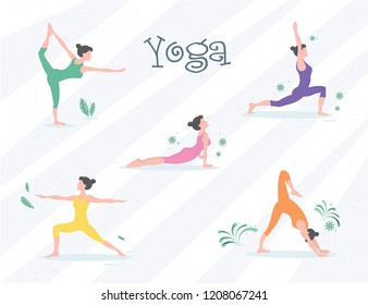 Set of yoga poses. Young women do yoga exercises. Yogi in yoga asana. Vector yoga illustration. Healthy lifestyle .