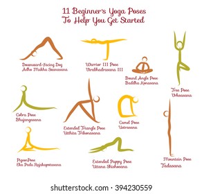 Set Of Yoga Positions for Beginners.Get started. Color. Vector Silhouettes Illustration