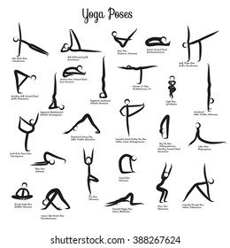 Set Of Yoga Positions Black Vector Silhouettes Illustration. Silhouette yoga poses (asanas) isolated on white background