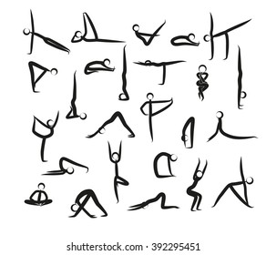  Set Of Yoga Positions Black Vector Silhouettes Illustration. Silhouette yoga poses (asanas) isolated on white background