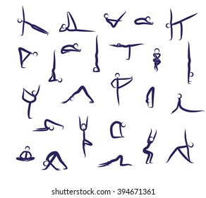 Set Of Yoga Positions Blue Vector Silhouettes Illustration