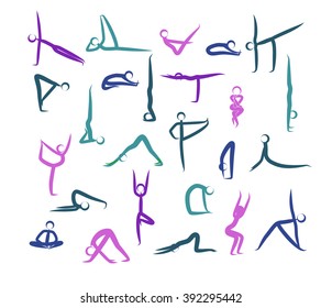 Set Of Yoga Positions. Color. Vector Silhouettes Illustration