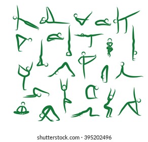 Set Of Yoga Positions. Green. Vector Silhouettes Illustration