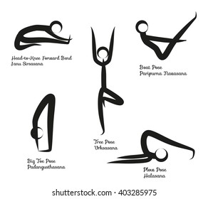 Set Of Yoga Positions with signatures - english and asanas. Black Vector Silhouettes Illustration.