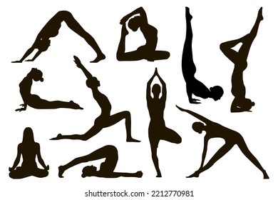 Set of yoga positions. Slim woman doing yoga and stretching exercises. vector illustration. healthy lifestyle.