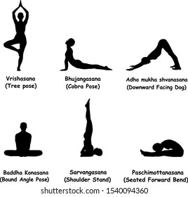 Set of yoga positions with its title. Woman yoga practice silhouette vector illustration.