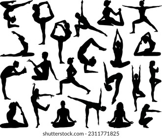 Set of Yoga Posses Silhouette, Fitness, Sports, Gym