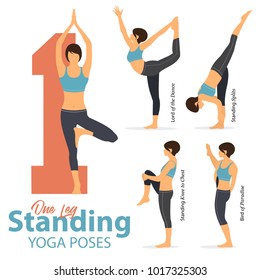 A set of yoga postures female figures for Infographic 5 Yoga in one leg standing poses in flat design. Woman figures exercise in blue sportswear and black yoga pant. Vector Illustration.