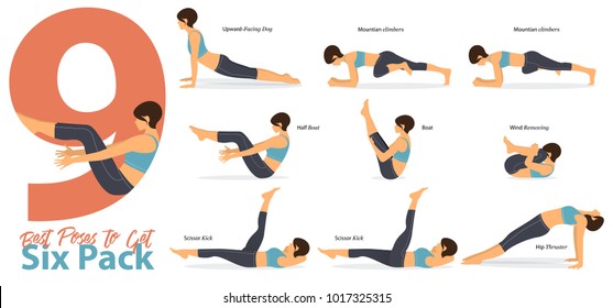 A set of yoga postures female figures for Infographic 9 Yoga best poses for get six pack in flat design. Woman figures exercise in blue sportswear and black yoga pant. Vector Illustration.