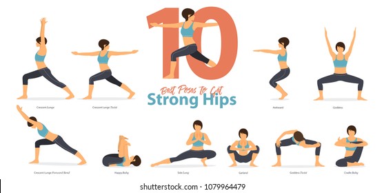 A set of yoga postures female figures for Infographic 10 Yoga poses for get strong hips in flat design. Woman figures exercise in blue sportswear and black yoga pant. Vector Illustration.