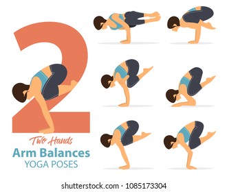 A set of yoga postures female figures for Infographic 6 Yoga poses for arm balances hand standing . Woman figures exercise in blue sportswear and black yoga pant. Vector Illustration.