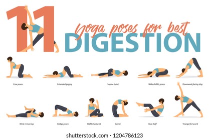 Set of yoga postures female figures for Infographic 11 Yoga poses for best digestion in flat design. Woman figures exercise in blue sportswear and black yoga pants. Vector Illustration.