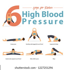 Set Of Yoga Postures Female Figures For Infographic 6 Yoga Poses For High Blood Pressure / Hypertension In Flat Design. Woman Figures Exercise In Blue Shirt And Black Yoga Pants. Vector Illustration.