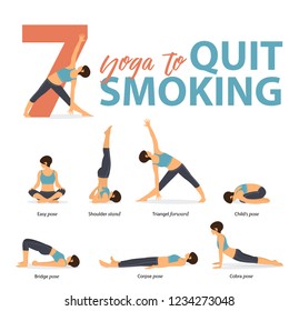 Set of yoga postures female figures for Infographic 7 Yoga poses to Quit Smoking in flat design. Woman figures exercise in blue sportswear and black yoga pants. Vector Illustration.