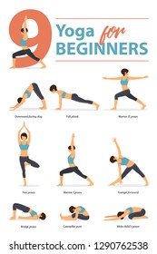 Set of yoga postures female figures Infographic 9 Yoga poses for Beginners in flat design. Woman figures exercise in blue sportswear and black yoga pants. Vector Illustration.