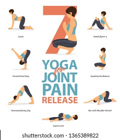 Set of yoga postures female figures Infographic . 7 Yoga poses for Joint Pain Release flat design. Woman figures exercise in blue sportswear and black yoga pants. Vector Illustration.