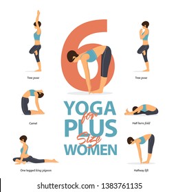 Set of yoga postures female figures Infographic . 6 Yoga poses for Plus size women in  flat design. Woman figures exercise in blue sportswear and black yoga pants. Vector Illustration.