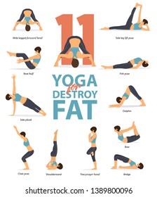 Set of yoga postures female figures Infographic . 11 Yoga poses for Destroy Fat in flat design. Woman figures exercise in blue sportswear and black yoga pants. Vector Illustration.