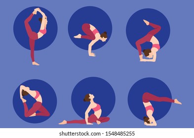 A set of yoga postures female figures six Yoga poses for get strong hips in flat design. Woman figures exercise in sportswear and yoga pant. Vector Illustration.