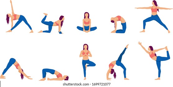 Un conjunto de posturas de yoga para las figuras femeninas. Quédate en casa y sé saludable. Las figuras femeninas hacen ejercicio en ropa deportiva rosa y en una verja azul de yoga. Ilustración vectorial.