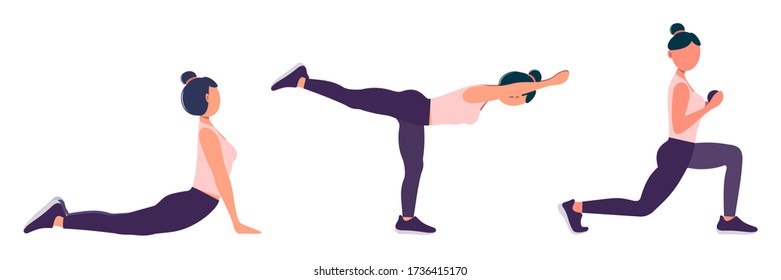 Set of yoga postures female figures. Fitness and healthy lifestyle concept illustration. Woman doing workout indoor. Relaxed young woman enjoying rest. Trendy vector in flat cartoon style.