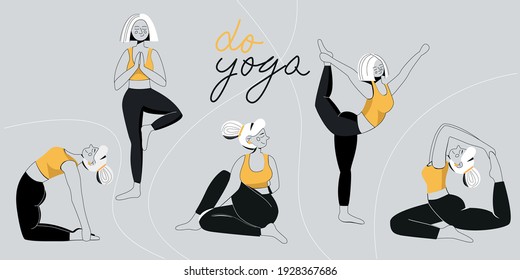 A set of yoga postures female figures for Infographic 5 Yoga poses for get strong hips in flat design. Woman figures exercise in yellow and black. Vector Illustration.