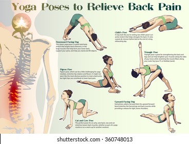 A set of yoga postures female figures: sequence of physical exercises in the form of creative, visual poster to Relive Back Pain.