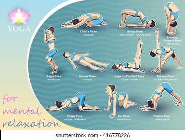 A set of yoga postures female figures: a sequence of exercise in the form of creative, visual poster for mental relaxation.