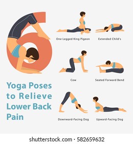 A Set Of Yoga Postures Female Figures For Infographic 6 Yoga Poses To Relieve Lower Back Pain In Flat Design. Vector Illustration.