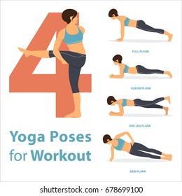 A set of yoga postures female figures for Infographic 4 Yoga poses for workout in flat design. Vector Illustration.