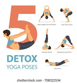 A set of yoga postures female figures for Infographic 5 Yoga poses for good healthy in flat design. Vector Illustration.