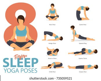 A set of yoga postures female figures for Infographic. 8 Yoga poses for exercise before sleep in flat design. Vector Illustration.
